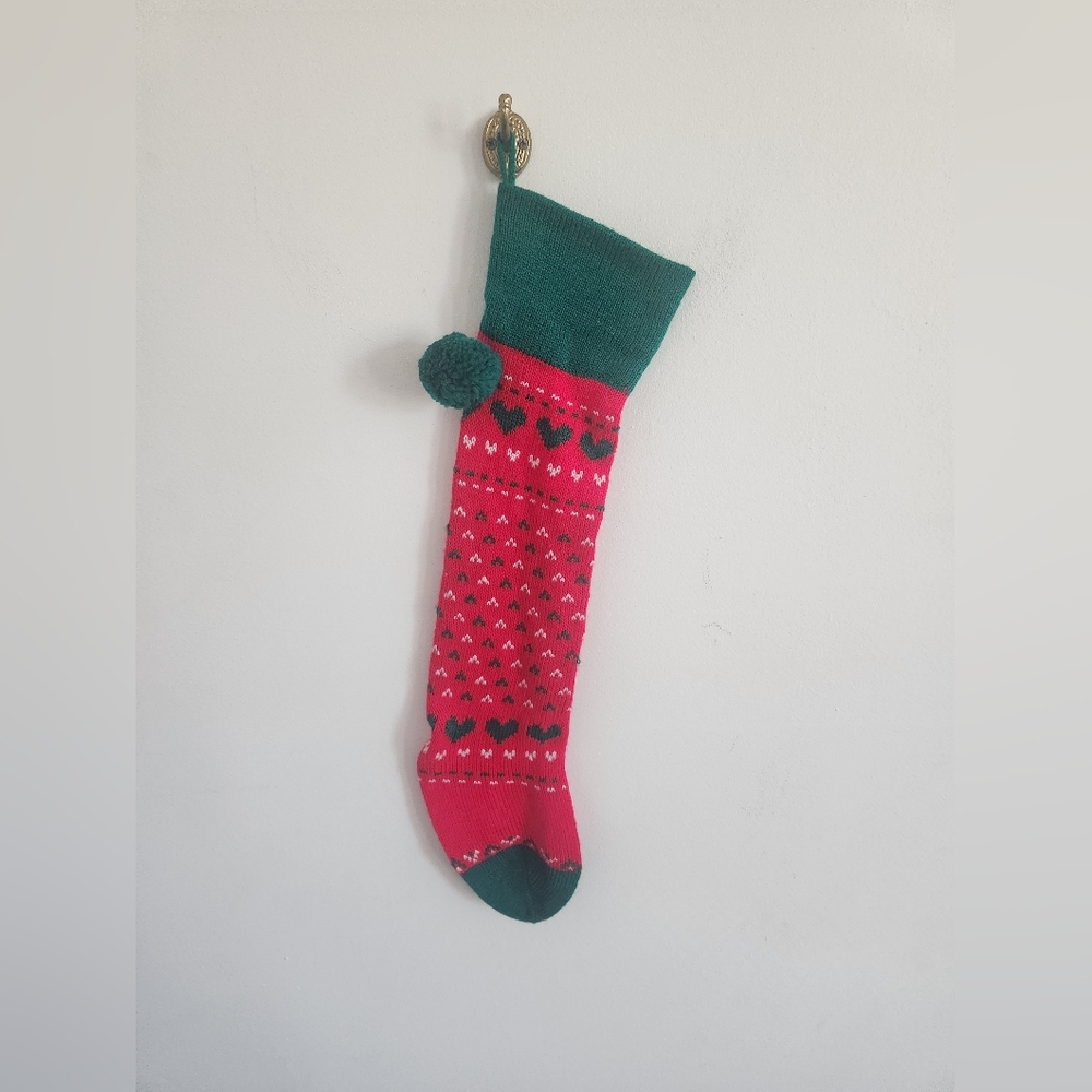 Vintage Christmas Heart & Pom Pom Stocking